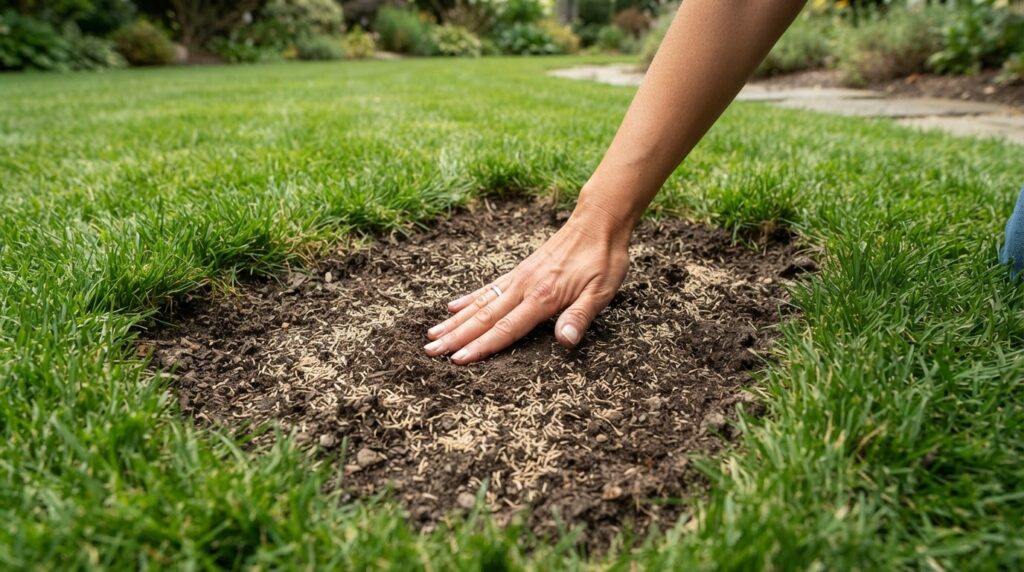 Bare spots in a Kansas City lawn being repaired with fresh grass seed and topsoil