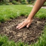 Bare spots in a Kansas City lawn being repaired with fresh grass seed and topsoil