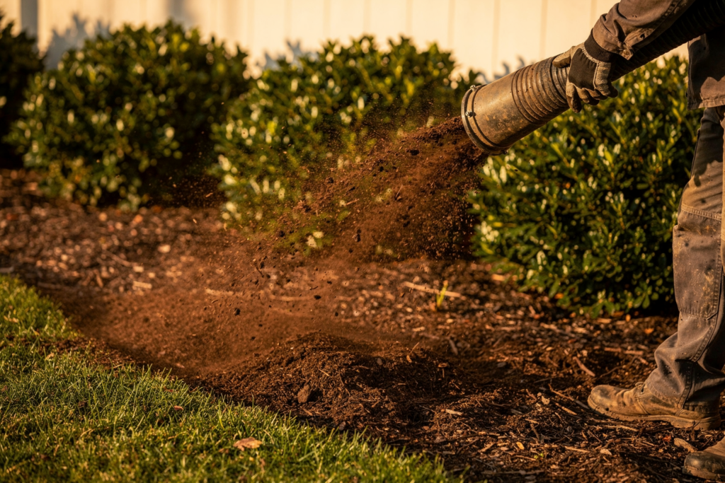 Cover Master KC mulch blowing service in Lenexa, KS by 4T Total Lawn