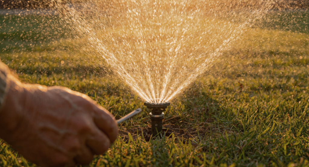 Sprinkler repair on a lawn irrigation head, showing a DIY fix versus a job for an irrigation tech
