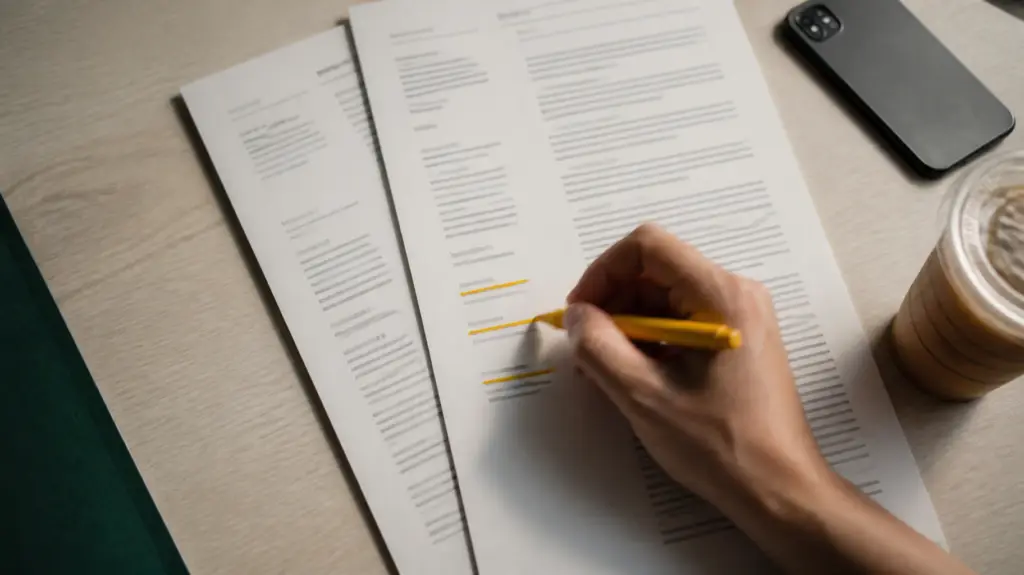 Two commercial grounds maintenance contract proposals side by side on a table with scope items marked up in marker
