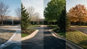 Commercial property entrance in Johnson County across four seasons illustrating a year-round commercial grounds maintenance calendar