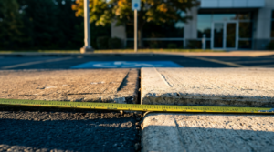 Tape measure showing a heaved sidewalk joint over one half inch, a common commercial hardscape trip hazard in Johnson County, Kansas