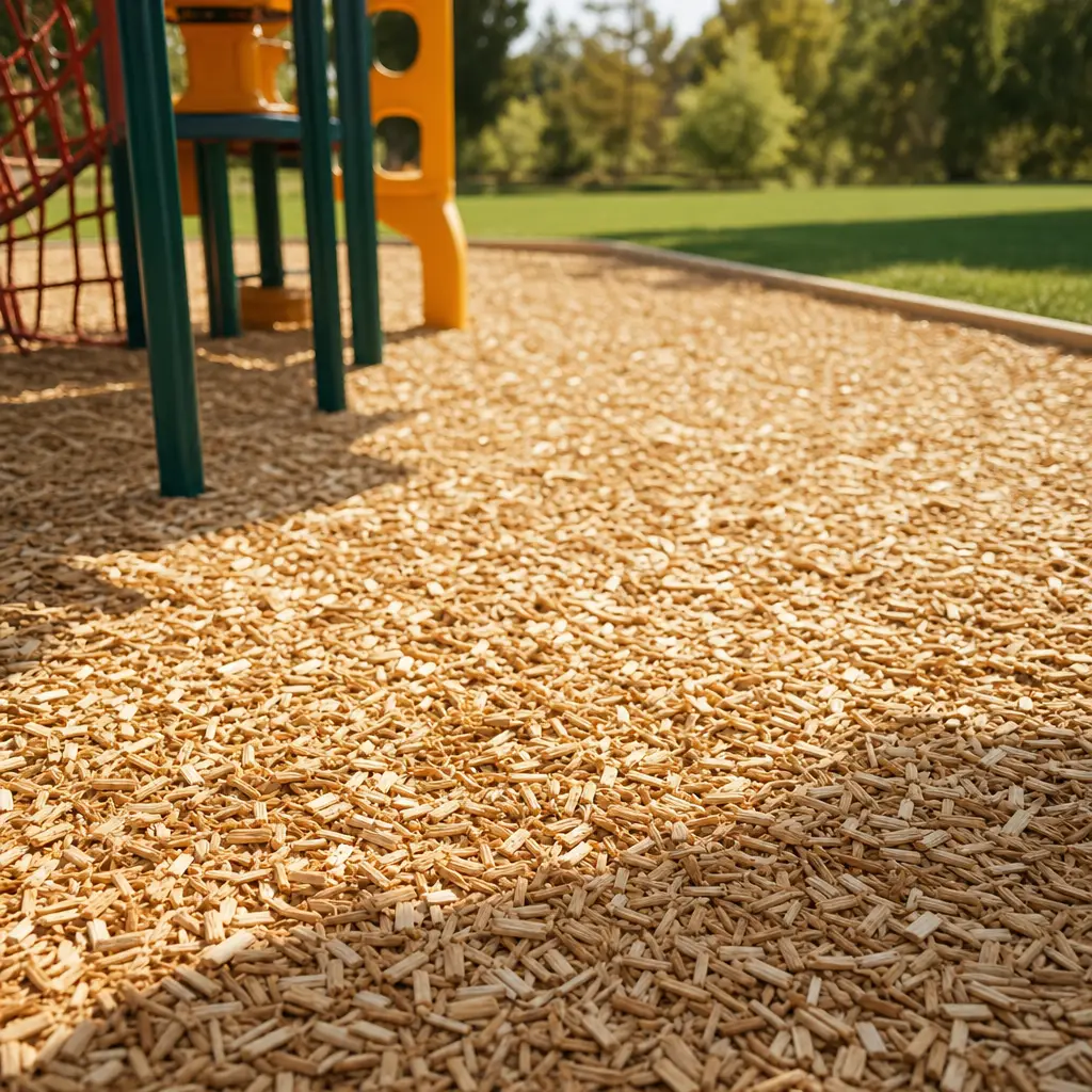 Playground chips and Kiddie Cushion safety surfacing under a play structure in Lenexa, KS by Cover Master KC