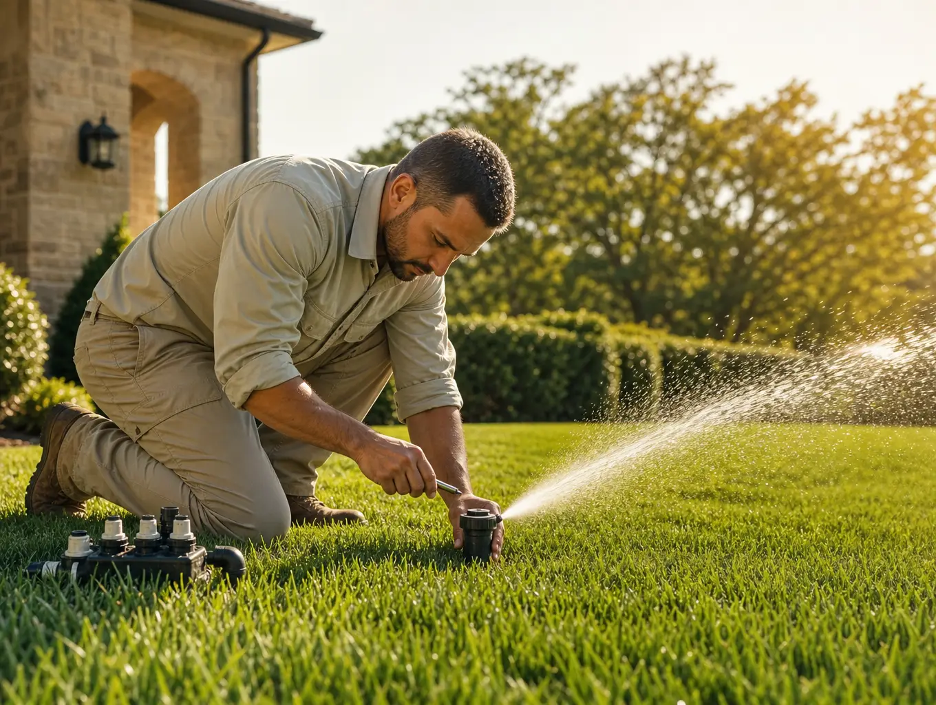 4T Total Lawn technician servicing a sprinkler irrigation system in a green lawn in Lenexa, KS